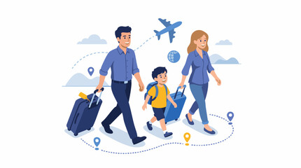 Fototapeta premium Family travels together with luggage on vacation abroad happily