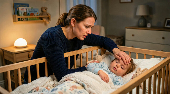 Worried mother checking sleeping toddler for fever in crib. Parent feeling sick child's forehead in nursery at night. Pediatric healthcare concept