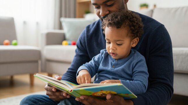 Father reads a storybook to son at home on a warm afternoon in the living room