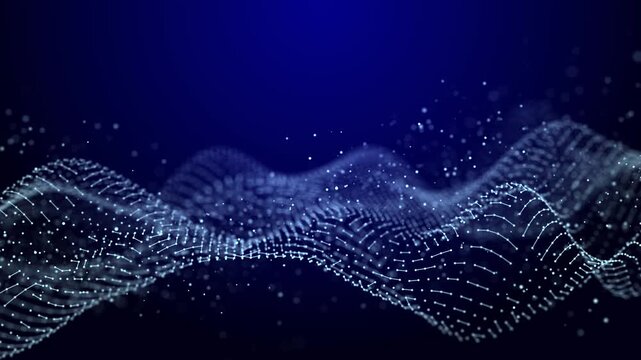 Waves transmit silent codes through a luminous matrix. Particles pulse with digital motion. 3D rendering. Seamless loop.