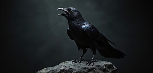 Obraz premium A black raven sits on a rock and calls out. Its beak is open and it looks towards the side. The bird is dark with feathers that gleam. The background is dark and simple.