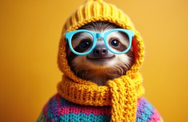 Fototapeta premium Funny sloth wears yellow knit hat and scarf. Cute animal sports blue eyeglasses. It smiles with bright colorful sweater against yellow backdrop. Relaxed mammal looks happy.