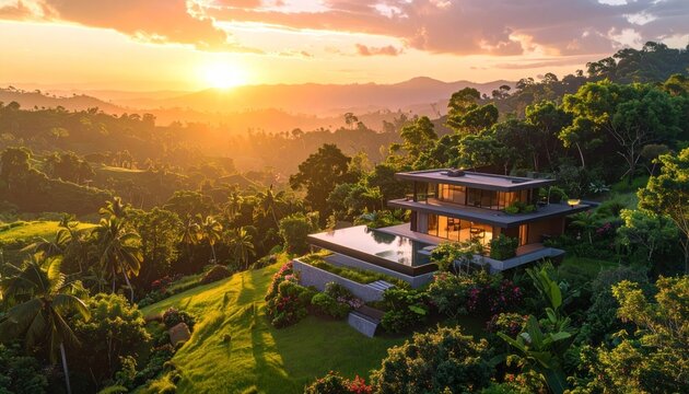 Modern house on lush landscape with infinity pool, surrounded by trees at sunset. Scenic view of nature