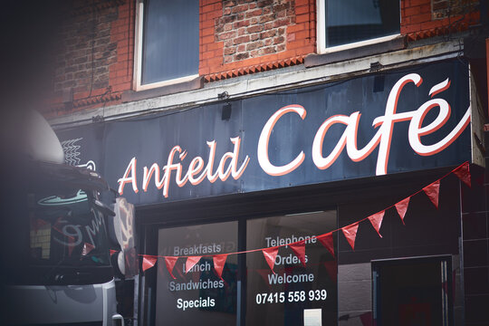 Liverpool, UK, 01.01.2026. Exterior view of Anfield Cafe, a football themed cafe near Liverpool Football Club, featuring signage, menu board and street frontage, representing local football culture