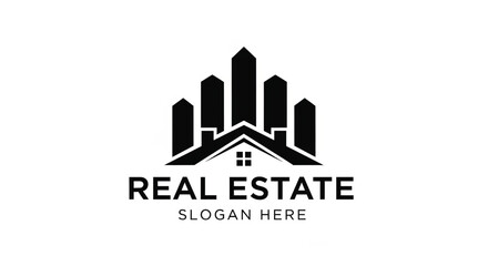 Fototapeta premium Building skyline logo with house roof lines, window grid and Real Estate text branding for property businesses