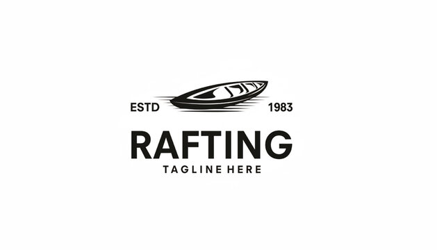 Rafting badge logo with stylized river boat, ESTD 1983 text, and TAGLINE THERE slogan for outdoor adventure branding