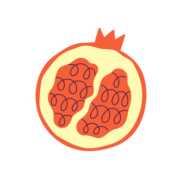 Cut part of sweet ripe pomegranate. Half of organic garnet. Piece of tropical fruit with red grains. Slice of exotic food for healthy eating. Flat isolated vector illustration on white background