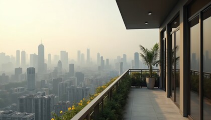 Obraz premium Balcony view of hazy cityscape with skyscrapers at sunrise. Modern apartment terrace with plants and flowers overlooks urban sprawl. Peaceful city morning with soft sunlight.