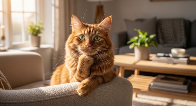 Contemplative ginger cat perched on armchair in sunlit living room.