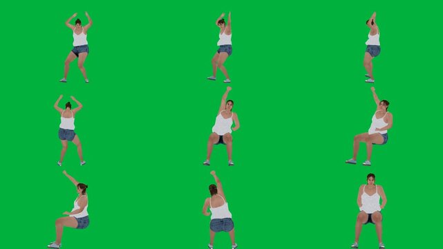 A woman in shorts is dancing on green screen و white tank top doing handstant and blue yoga animated chromakey background emotion motion composition frame gesture style movement cartoonish
