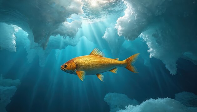 Golden fish swims below icy floes in deep blue ocean. Sun rays penetrate clear cold water, illuminating marine life and frigid habitat. Underwater nature scene.