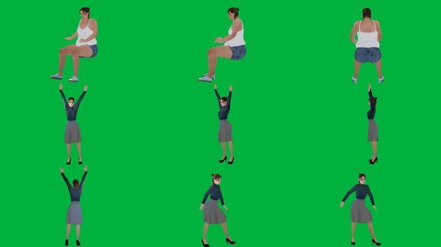 A woman in shorts and white shirt is standing on green screen و group of people man different positions doing handstant dancing person trick poses animated chromakey background style