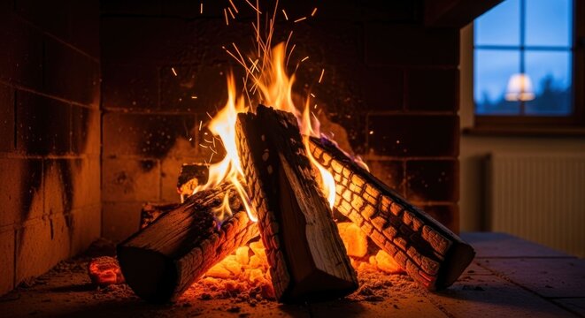 Cozy Fireplace Scene Warmth and Light in a Dark Room.