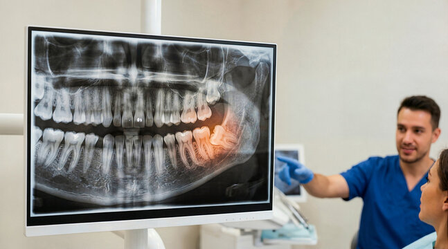 Dental panoramic x-ray showing impacted wisdom tooth on monitor. Dentist explaining diagnosis to patient in clinic. Oral health and dental surgery concept