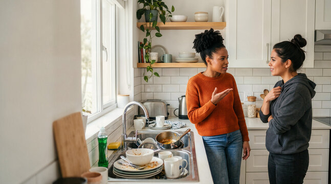 Two female roommates arguing over dirty dishes in the kitchen. Women having a serious conversation about messy sink and household chores in apartment