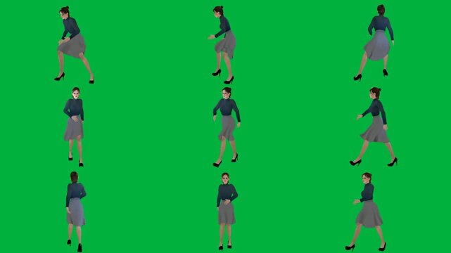 A woman is walking on green screen و man in black shirt animated chromakey background illustration elements figure motion layers style colorful emotion backgrounds composition frame