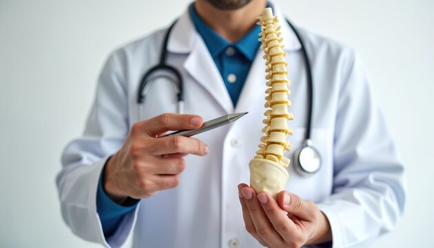 Doctor holds spine model showing vertebra and disk. Physician explains skeletal anatomy using pen. Medical pro in white coat, stethoscope displays human body part.