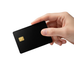 Obraz premium Hand holding a black credit card with gold chip on transparent background
