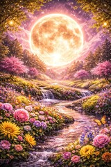 Fototapeta premium 生成Aiの5月の月と花畑