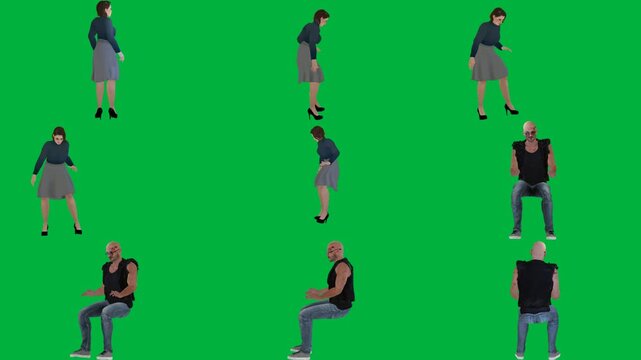 A group of people standing in different positions on green screen و man and woman dancing is animated chromakey background elements cartoonish creative motion layers design frame composition