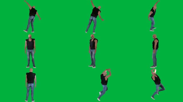 A man in black shirt and jeans is dancing on green screen و walking animated chromakey background composition movement layers emotion cartoonish expression gesture scene illustration