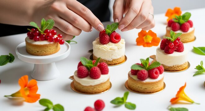 Artisanal Mini Desserts with Fresh Berries and Mint Leaves Being Decorated by Hands on a White Table