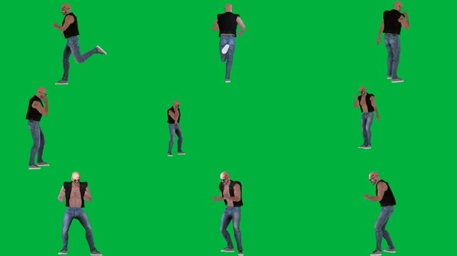 A woman in jeans and black shirt is dancing on green screen و man animated chromakey background colorful style figure depth creative gesture emotion scene motion backgrounds cartoonish