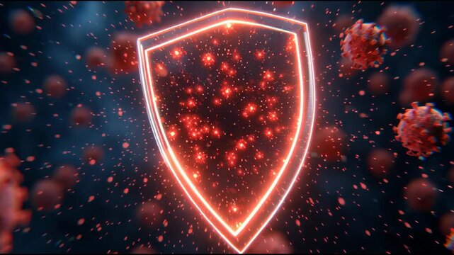 Antivirus Scanning Process Shows Glowing Shield Consuming Red Data Particles in a Digital Environment