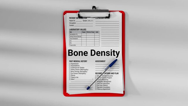 Medical clipboard with patient clinical form showing bone density assessment and laboratory values. Healthcare documentation concept with physician notes and medical examination record.