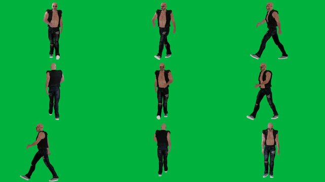 A woman is walking on green screen و in black top and pants dancing man shirt standing front of animated chromakey background style depth scene design movement figure emotion cartoonish