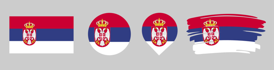 Obraz premium Serbia Flag Set - National Banner in Rectangle Circle Map Pin and Brush Stroke Styles on Gray Background