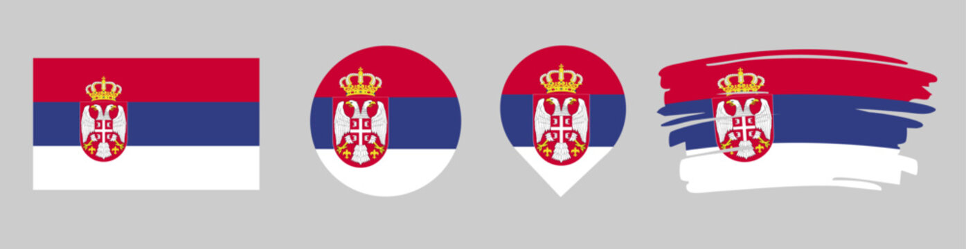 Serbia Flag Set - National Banner in Rectangle Circle Map Pin and Brush Stroke Styles on Gray Background