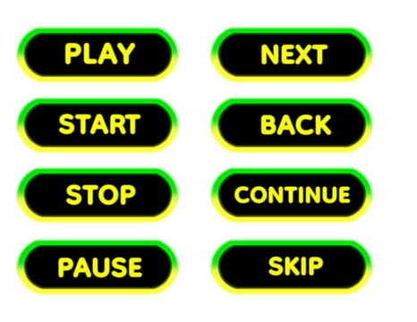 Neon Green and Yellow Glow 3D Media Control UI Button Set with Glossy Rounded Interface Elements for Play Next Start Back Stop Continue Pause Skip Controls, Modern Futuristic Digital App Icons 