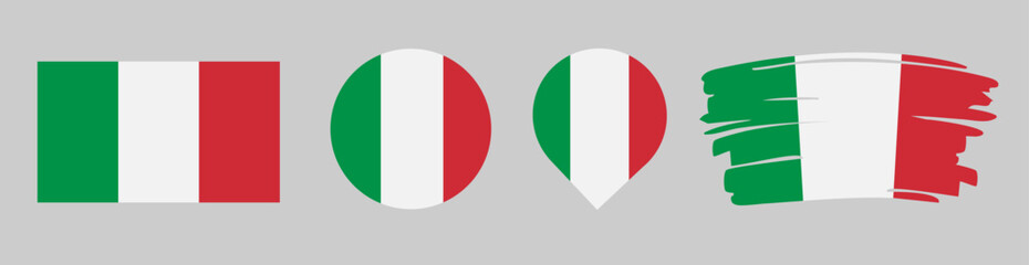 Obraz premium Italy Flag Set - National Banner in Rectangle Circle Map Pin and Brush Stroke Styles on Gray Background