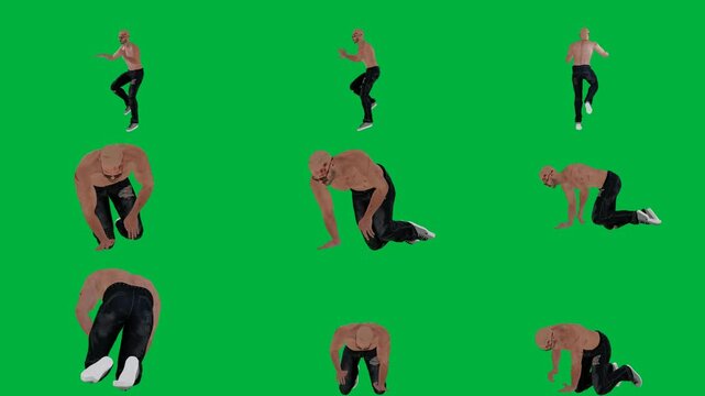 A group of people doing yoga poses on green screen و with man handstant trick different in black pants and white shoes is dancing shirt animated chromakey background colorful emotion