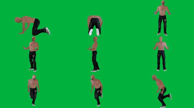 A man is doing trick on green screen و dancing in black pants animated chromakey background elements cartoonish expression gesture depth scene frame composition colorful emotion backgrounds