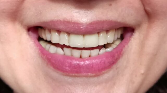 Lower part of a woman's face, smiling broadly and revealing straight white teeth (upper and lower rows).