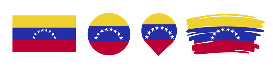 Obraz premium Venezuela Flag Set - National Banner in Rectangle Circle Map Pin and Brush Stroke Styles on White Background