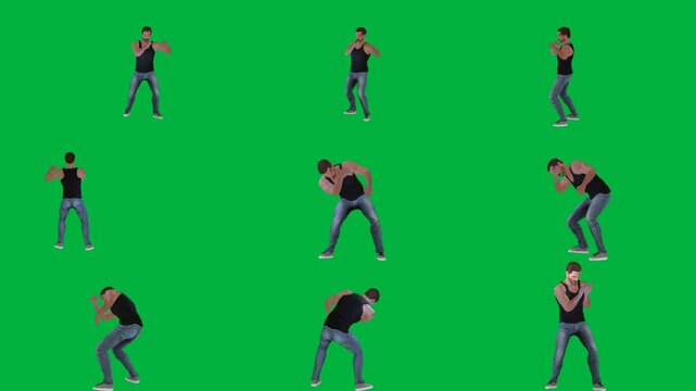A man in black shirt is dancing on green screen و tank top group of people animated chromakey background movement illustration creative style gesture frame elements scene colorful depth