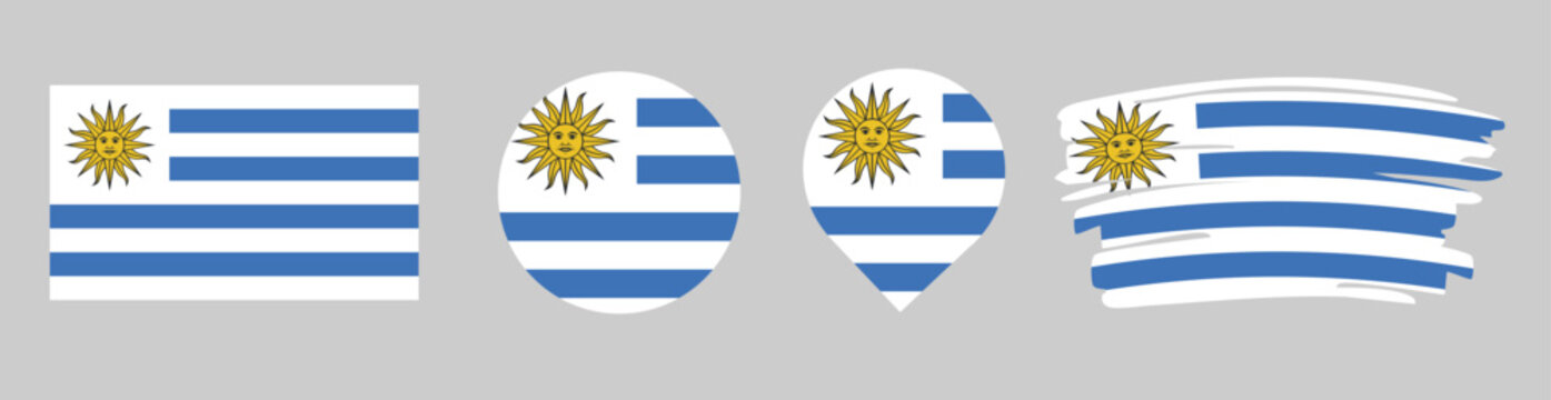 Uruguay Flag Set - National Banner in Rectangle Circle Map Pin and Brush Stroke Styles on Gray Background