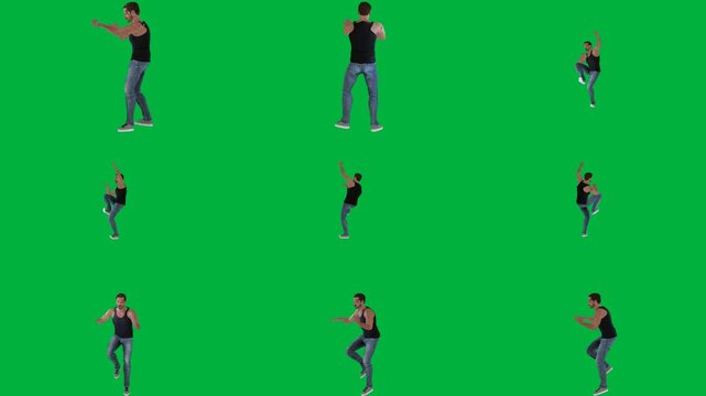 A man in black shirt is dancing on green screen و animated chromakey background motion emotion gesture scene movement layers composition frame creative design cartoonish backgrounds