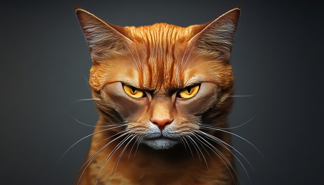 Striking Closeup of an Intimidating Orange Tabby Cat with Angular Features on Gray Background
