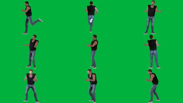 A man in jeans and t - shirt is walking on green screen و black dancing animated chromakey background motion gesture elements frame expression layers composition scene design cartoonish