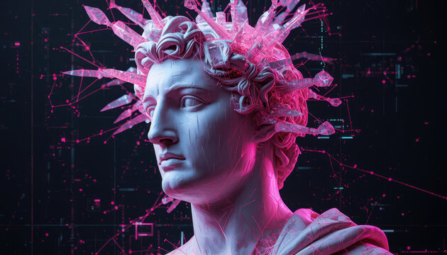Cyber surreal glitch art representing digital decay and the dark web. A classical smooth white marble Greek bust is organically overgrown with a complex network digital crystals and wireframes.