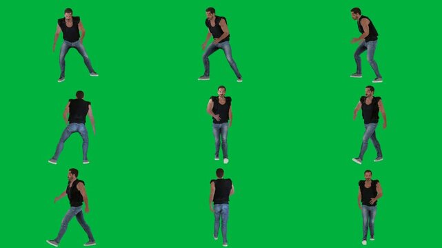 A man in black shirt is dancing on green screen و and jeans walking woman animated chromakey background layers figure design movement gesture frame motion backgrounds emotion expression