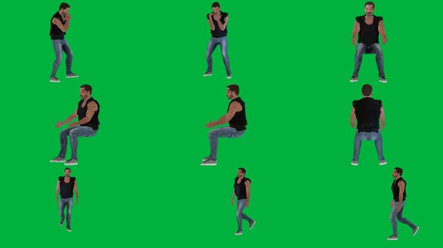 A man in black shirt is dancing on green screen و person jeans and animated chromakey background expression frame creative elements backgrounds motion scene movement cartoonish depth