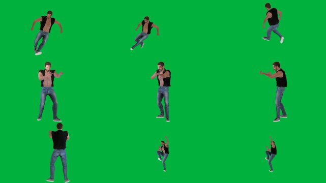 A group of people dancing on green screen و woman is man in black shirt jeans and t - animated chromakey background illustration design frame scene expression creative cartoonish figure