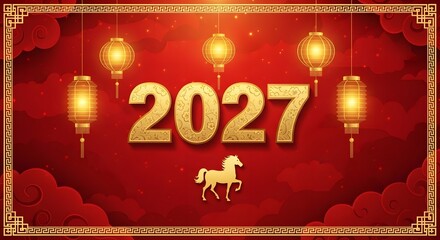 Naklejka premium Chinese new year 2027 year of the goat festive red lantern celebration
