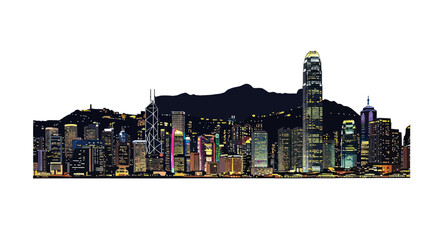 Hong Kong Skyline at Night, Modern Cityscape, Iconic Buildings, Vibrant Lights © afgan