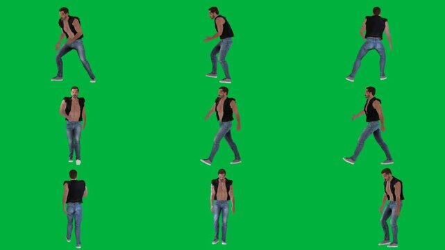 A man in black shirt is dancing on green screen و woman walking jeans and t - animated chromakey background figure depth emotion motion scene style colorful backgrounds composition